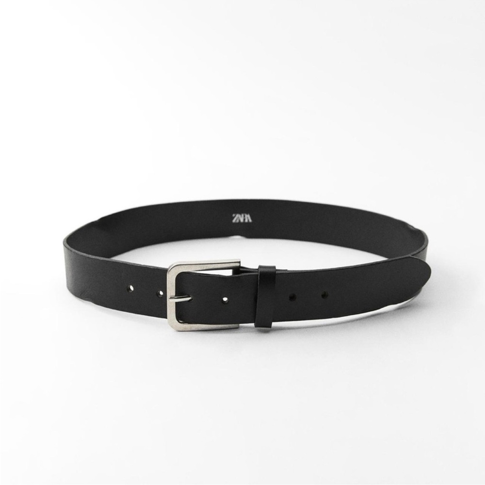Zara Kids Black Leather Belt Squared Metal Buckle